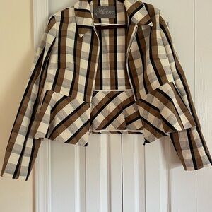 LELA ROSE Plaid Linen & Cotton Crop Jacket in Natural Multi